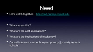 Need
• Let’s watch together… http://pad.human.cornell.edu
• What causes this?
• What are the cost implications?
• What are the implications of insolvency?
• Causal Inference – schools impact poverty || poverty impacts
schools
 