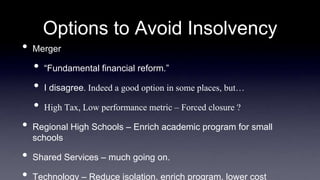 Options to Avoid Insolvency
• Merger
• “Fundamental financial reform.”
• I disagree. Indeed a good option in some places, but…
• High Tax, Low performance metric – Forced closure ?
• Regional High Schools – Enrich academic program for small
schools
• Shared Services – much going on.
• Technology – Reduce isolation, enrich program, lower cost
 