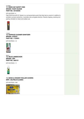 V2163838
11.
HARD
HAT
SAFETY
RED
BRAND
:
RUST-OLEUM
PART
NO
:
V2163838
QTY IN STOCK : 6
High Performance® V21 System is a rust-preventative paint that dries fast on enamel. In addition to
excellent corrosion protection, it provides color and gloss retention. Resists chipping, cracking, and
peeling. Suitable for indoor and outdoor use.
7135491
12.
SURFACE
CLEANER
SANITIZER
BRAND
:
SYSCO
PART
NO
:
7135491
QTY IN STOCK : 12
868101
13.
SELIG
LINEBACKER
BRAND
:
ZEP
PART
NO
:
868101
QTY IN STOCK : 11
14.
NOOK
&
CRANNY
ROLLER
COVERS
MFR
:
OILFIELD
CLASSIC
QTY IN STOCK : 940
 