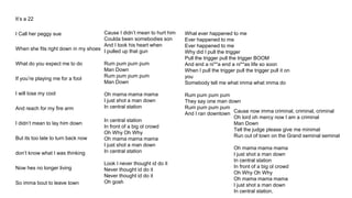 It’s a 22
I Call her peggy sue
When she fits right down in my shoes
What do you expect me to do
If you’re playing me for a fool
I will lose my cool
And reach for my fire arm
I didn’t mean to lay him down
But its too late to turn back now
don’t know what I was thinking
Now hes no longer living
So imma bout to leave town
Cause I didn’t mean to hurt him
Coulda been somebodies son
And I took his heart when
I pulled up that gun
Rum pum pum pum
Man Down
Rum pum pum pum
Man Down
Oh mama mama mama
I just shot a man down
In central station
In central station
In front of a big ol crowd
Oh Why Oh Why
Oh mama mama mama
I just shot a man down
In central station
Look I never thought id do it
Never thought id do it
Never thought id do it
Oh gosh
What ever happened to me
Ever happened to me
Ever happened to me
Why did I pull the trigger
Pull the trigger pull the trigger BOOM
And end a ni**a end a ni**as life so soon
When I pull the trigger pull the trigger pull it on
you
Somebody tell me what imma what imma do
Rum pum pum pum
They say one man down
Rum pum pum pum
And I ran downtown Cause now imma criminal, criminal, criminal
Oh lord oh mercy now I am a criminal
Man Down
Tell the judge please give me minimal
Run out of town on the Grand seminal seminal
Oh mama mama mama
I just shot a man down
In central station
In front of a big ol crowd
Oh Why Oh Why
Oh mama mama mama
I just shot a man down
In central station.
 