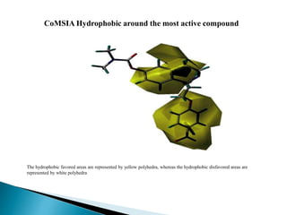 CoMSIA Hydrophobic around the most active compound
The hydrophobic favored areas are represented by yellow polyhedra, whereas the hydrophobic disfavored areas are
represented by white polyhedra
 
