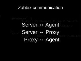 Zabbix communication
Server ↔ Agent
Server ↔ Proxy
Proxy ↔ Agent
 