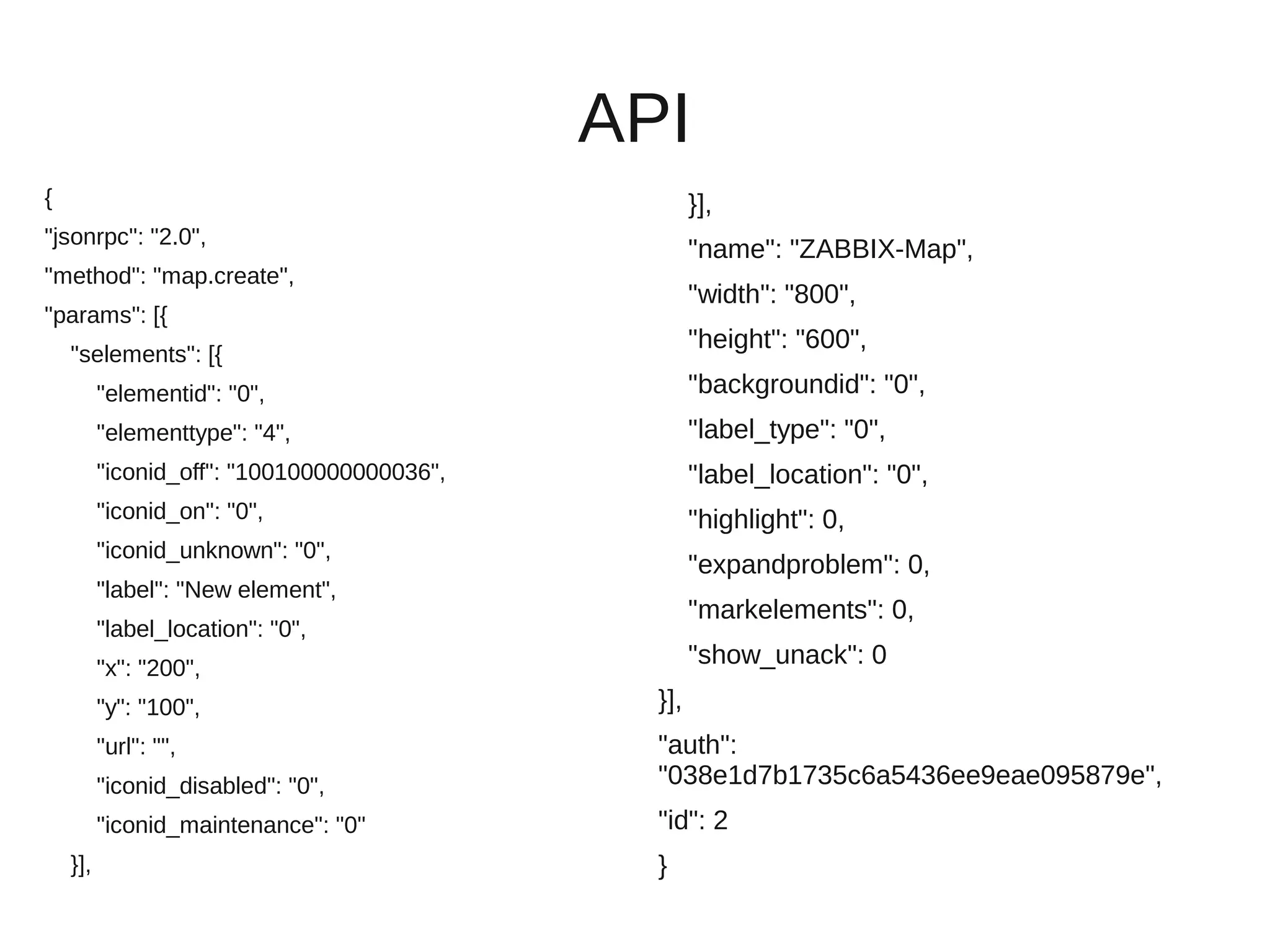 API
{                                                    }],
"jsonrpc": "2.0",
                                                     "name": "ZABBIX-Map",
"method": "map.create",
                                                     "width": "800",
"params": [{
                                                     "height": "600",
    "selements": [{
          "elementid": "0",                          "backgroundid": "0",
          "elementtype": "4",                        "label_type": "0",
          "iconid_off": "100100000000036",           "label_location": "0",
          "iconid_on": "0",                          "highlight": 0,
          "iconid_unknown": "0",
                                                     "expandproblem": 0,
          "label": "New element",
                                                     "markelements": 0,
          "label_location": "0",
          "x": "200",
                                                     "show_unack": 0
          "y": "100",                          }],
          "url": "",                           "auth":
          "iconid_disabled": "0",              "038e1d7b1735c6a5436ee9eae095879e",
          "iconid_maintenance": "0"            "id": 2
    }],                                        }
 