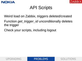 UPGRADING PROBLEMS SOLUTIONS
API Scripts
Weird load on Zabbix, triggers deleted/created
Function get_trigger_id unconditio...