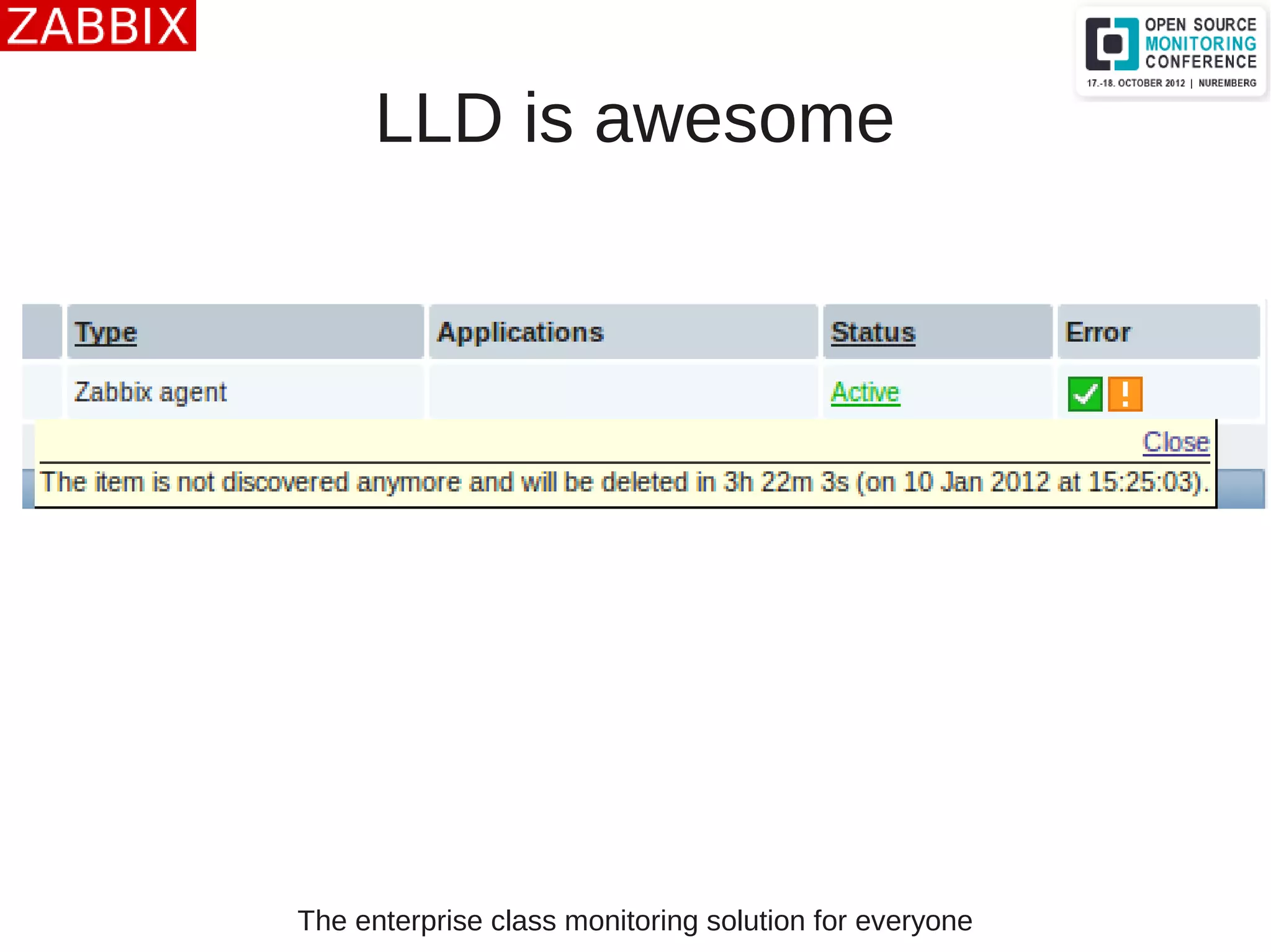 The enterprise class monitoring solution for everyone
LLD is awesome
 