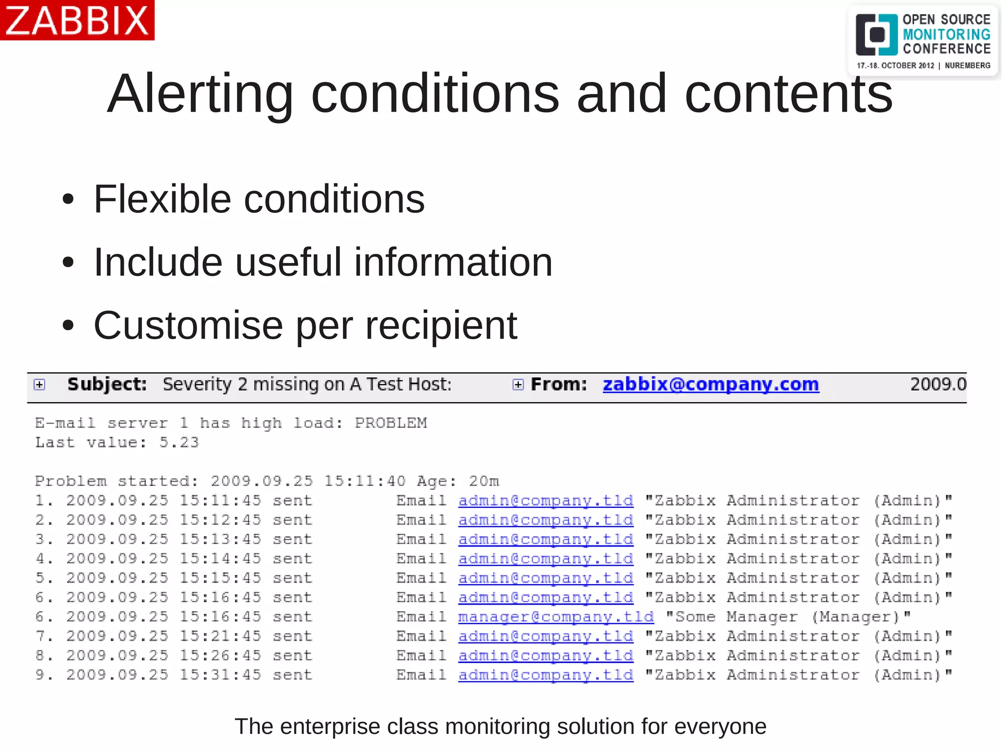 The enterprise class monitoring solution for everyone
Alerting conditions and contents
● Flexible conditions
● Include useful information
● Customise per recipient
 