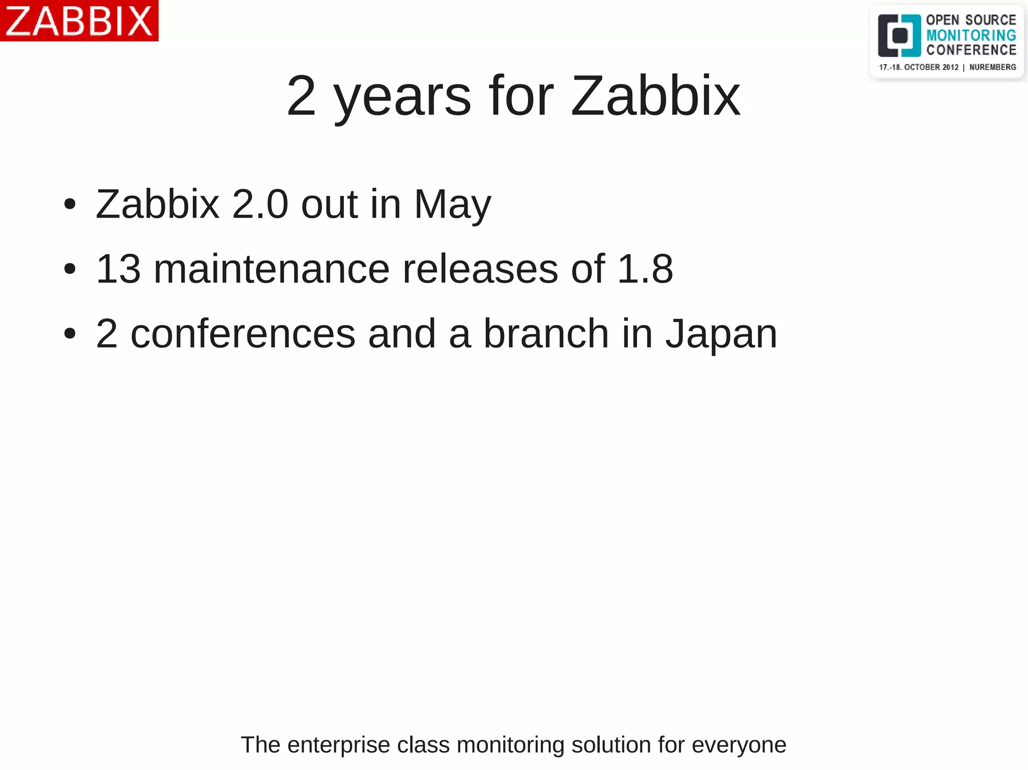 The enterprise class monitoring solution for everyone
2 years for Zabbix
● Zabbix 2.0 out in May
● 13 maintenance releases of 1.8
● 2 conferences and a branch in Japan
 