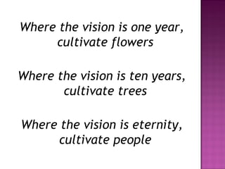 Where the vision is one year,
cultivate flowers
Where the vision is ten years,
cultivate trees
Where the vision is eternity,
cultivate people
 