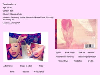 Target Audience
Age: 16-30
Gender: Both
Ethnicity: Black & White
Interests: Gardening, Nature, Romantic Novels/Films, Shopping,
Socialising etc
Location: America/UK

Spine

Back image

Record label branding
Colour/Style
Artist name
Folds

Image of artist
Booklet

CDs
Colour/Style

Track list

Barcode

Recording information
Websites

Credits

 