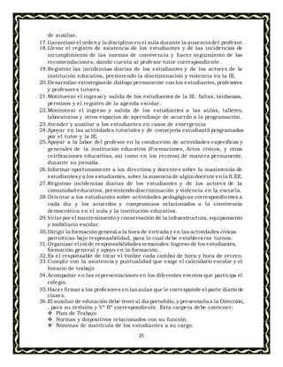 25
de auxiliar.
17.Garantizar el ordeny la disciplina en el aula durante la ausencia del profesor.
18.Llevar el registro de asistencia de los estudiantes y de las incidencias de
incumplimiento de las normas de convivencia y hacer seguimiento de las
recomendaciones, dando cuenta al profesor tutor correspondiente.
19.Registrar las incidencias diarias de los estudiantes y de los actores de la
institución educativa, previniendo la discriminación y violencia en la IE.
20.Desarrollar estrategiasde diálogo permanente con los estudiantes,profesores
y profesores tutores.
21.Monitorear el ingreso y salida de los estudiantes de la IE. faltas, tardanzas,
permisos y el registro de la agenda escolar.
22.Monitorear el ingreso y salida de los estudiantes a las aulas, talleres,
laboratorios y otros espacios de aprendizaje de acuerdo a la programación.
23.Atender y auxiliar a los estudiantes en casos de emergencia
24.Apoyar en las actividades tutoriales y de consejería estudiantil programadas
por el tutor y la IE.
25.Apoyar a la labor del profesor en la conducción de actividades específicas y
generales de la institución educativa (Formaciones, Actos cívicos, y otras
celebraciones educativas, así como en los recreos) de manera permanente,
durante su jornada.
26.Informar oportunamente a los directivos y docentes sobre la inasistencia de
estudiantesy a los estudiantes, sobre la ausencia de algúndocente enla II.EE.
27.Registrar incidencias diarias de los estudiantes y de los actores de la
comunidad educativa, previniendo discriminación y violencia en la escuela.
28.Orientar a los estudiantes sobre actividades pedagógicas correspondientes a
cada día y los acuerdos y compromisos relacionados a la convivencia
democrática en el aula y la institución educativa.
29.Velar por el mantenimiento y conservación de la infraestructura, equipamiento
y mobiliario escolar.
30.Dirigir la formación general a la hora de entrada y en las actividades cívicas
patrióticas bajo responsabilidad, para lo cual debe establecerse turnos.
31.Organizar el rol de responsabilidadessemanales: Ingreso de los estudiantes,
formación general y apoyo en la formación.
32.Es el responsable de tocar el timbre cada cambio de hora y hora de recreo.
33.Cumplir con la asistencia y puntualidad que exige el calendario escolar y el
horario de trabajo
34.Acompañar en las representaciones en los diferentes eventos que participa el
colegio.
35.Hacer firmar a los profesores en las aulas que le corresponde el parte diario de
clases.
36.El auxiliar de educación debe tener al día portafolio, y presentarla a la Dirección,
, para su revisión y Vº Bº correspondiente. Esta carpeta debe contener:
 Plan de Trabajo
 Normas y dispositivos relacionados con su función.
 Nóminas de matrícula de los estudiantes a su cargo.
 