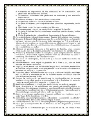 26
 Cuaderno de seguimiento de las conductas de los estudiantes., con
problemas de convivencia escolar.
 Relación de estudiantes con problemas de conducta y con matrícula
condicionada
 Informe trimestral de los estudiantes observados
 Registro de asistencia diaria de los estudiantes
 Registro de informes emitidos y recibidos de atención a los padres de familia
en
 Horario de clases de los estudiantes y docentes
 Cronograma de charlas para estudiantes y padres de familia.
 Registro de la labor diaria que realiza en atención a los estudiantes y padres
de familia.
 Ficha de criterios de evaluación de la conducta de los estudiantes.
37.Presentar informes trimestrales y anuales (Logros, dificultades sugerencias).
38.Es apoyo de las actividades permanentes. Da la señal de inicio a la formación
los lunes y viernes a las 7:30 a.m. que debe terminar a las 7:40 a.m. Dirige la
misma, da orientaciones y recomendaciones que el caso amerite para lo cual
pide el apoyo a los docentes. Al término de las actividadesdispone el ingreso de
los estudiantes a las aulas.
39. Atender en primera instancia a los padres de familia, sobre asuntos
relacionados con la disciplina, conducta y asistencia de los estudiantes-
40.Promover y fomentar hábitos de disciplina, buen comportamiento, buenas
costumbres, puntualidad, higiene y estudio entre los educandos, así como el
correcto y adecuado uso del uniforme escolar.
41.Los casos de indisciplina, inasistencia y tardanzas continuas deben ser
puestas en
42.conocimiento del tutor, según la gravedad de la falta a ATI, con un breve
informe escrito del incidente.
43.Exigir y velar porque los estudiantes tengan una adecuada presentación
personal de sus prendas de vestir y deportivas, corte de cabello sin adornos ni
otros que no indique el reglamento.
44.Orientar y apoyar a los educandos para que se realicen actividades o acciones
que permitan la conservación de la infraestructura, mobiliario, material
educativo entre otros de la I.E.
45.Evaluar la conducta de los estudiantes en coordinación con los tutores
mediante el control de asistencia, puntualidad orden, disciplina, presentación
y aseo personal teniendo en cuenta el reglamento.
46.Mantener actualizado el registro de asistencia de las aulas a su cargo.
47.Lleva y transporta a los estudiantes que requieran atención médica, en
situaciones de enfermedad o cuando se suscita accidentes en la I.E. o fuera de
ella siempre y cuando se trate de actividades programadas y aprobadas por la
Dirección luego comunica al tutor o padre de familia.
48.Apoyar a sus colegas auxiliares en el ingreso, salida de los estudiantes para el
mejor logro de la disciplina y el orden.
49.Controlar y solucionar problemas de indisciplina coordinando con el tutor-
coordinador TOE, defensoría, servicio según el caso.
50.Tomar las medidas del caso si observa la presencia de personas ajenas a la I.E.
51.Velar por el cumplimiento de las funciones de los Brigadieres y Policías
Escolares.
52.Participar en las actividades que se realizan en la I.E. así como fechas
 