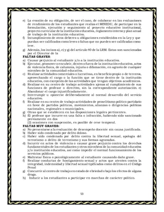 53
e) La evasión de su obligación, de ser el caso, de colaborar en las evaluaciones
de rendimiento de los estudiantes que realiza el MINEDU, de participar en la
formulación, ejecución y seguimiento al proyecto educativo institucional,
proyecto curricular de la institucióneducativa, reglamento interno y plan anual
de trabajo de la institución educativa.
f) Incumplimiento de otros deberes u obligaciones establecidos en la Ley y que
puedan ser calificados como leves o faltas que no pueden ser calificadas como
leve.
g) Además, los incisos a), e) y g) del artículo 40 de la LRM. Estas son sancionadas
por el Director de la
FALTAS GRAVES:
a) Causar perjuicio al estudiante y/o a la institución educativa.
b) Ejecutar, promover o encubrir, dentro o fuera de la institucióneducativa,actos
de violencia física, de calumnia, injuria o difamación, en agravio de cualquier
miembro de la comunidad educativa.
c) Realizar actividades comerciales o lucrativas, en beneficio propio o de terceros,
aprovechando el cargo o la función que se tiene dentro de la institución
educativa, con excepción de las actividades que tengan objetivos académicos.
d) Realizar en su centro de trabajo actividades ajenas al cumplimiento de sus
funciones de profesor o directivo, sin la correspondiente autorización. e)
Abandonar el cargo injustificadamente.
e) Interrumpir u oponerse deliberadamente al normal desarrollo del servicio
educativo.
f) Realizar en su centro de trabajo actividades de proselitismo político partidario
en favor de partidos políticos, movimientos, alianzas o dirigencias políticas
nacionales, regionales o municipales.
g) Otras que se establecen en las disposiciones legales pertinentes.
h) El profesor que incurre en una falta o infracción, habiendo sido sancionado
previamente en dos
(2) ocasiones con suspensión, es pasible de cese temporal.
FALTAS MUY GRAVES:
a) No presentarse a la evaluación de desempeño docente sin causa justificada.
b) Haber sido condenado por delito doloso.
c) Haber sido condenado por delito contra la libertad sexual, apología del
terrorismo o delito de terrorismo y sus formas agravadas.
d) Incurrir en actos de violencia o causar grave perjuicio contra los derechos
fundamentales de los estudiantes y otros miembros de la comunidad educativa
y/o institución educativa, así como impedir el normal funcionamiento de los
servicios públicos.
e) Maltratar física o psicológicamente al estudiante causando daño grave.
f) Realizar conductas de hostigamiento sexual y actos que atenten contra la
integridad, indemnidad y libertad sexual tipificados como delitos en el Código
Penal
g) Concurrir al centro de trabajo enestado de ebriedad o bajo los efectos de alguna
droga.
h) Inducir a los estudiantes a participar en marchas de carácter político.
 