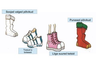 Soojad valged põlvikud
Tossud e
botased
Liiga suured ketsid
Punased põlvikud
 