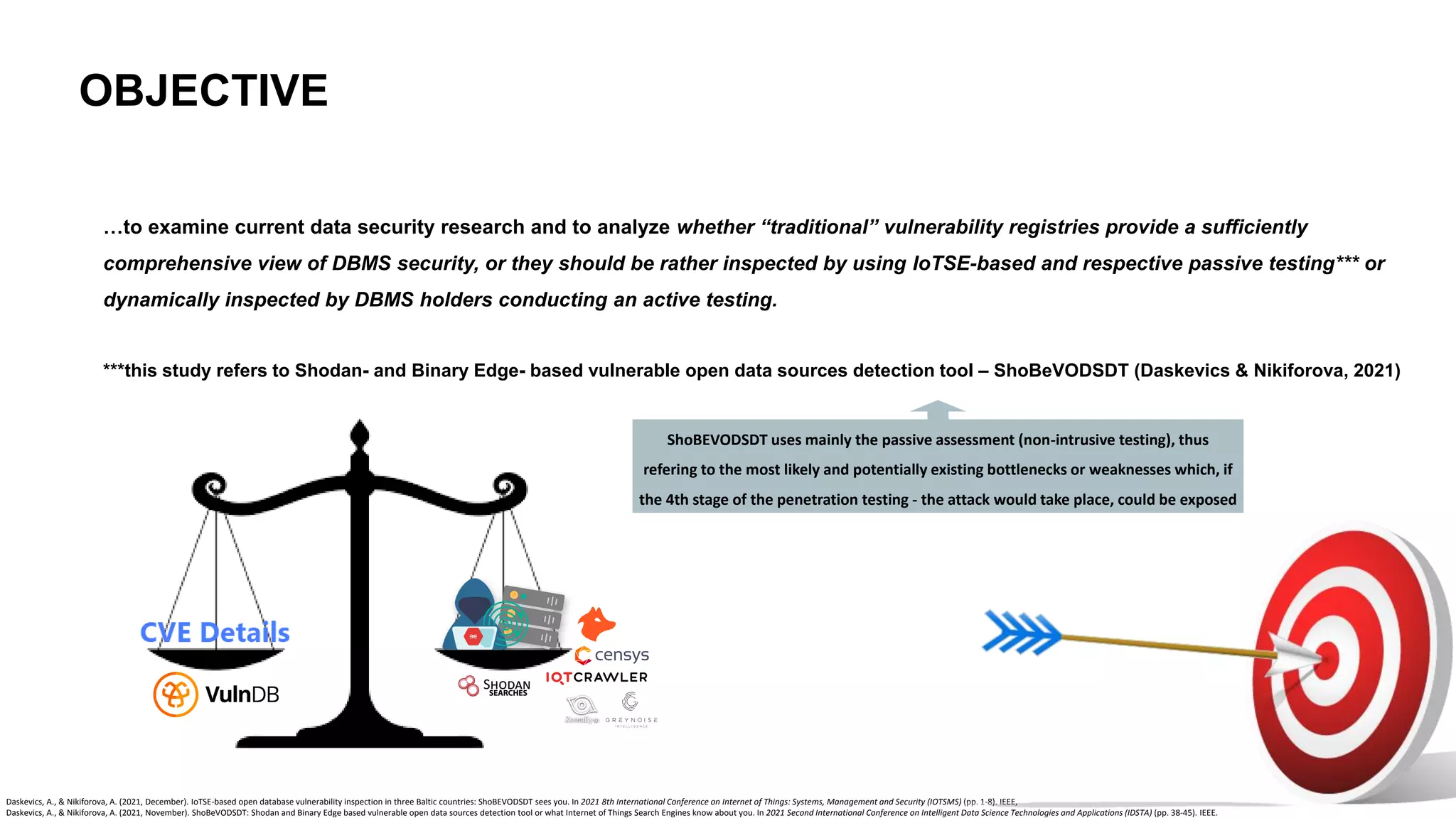 OBJECTIVE
…to examine current data security research and to analyze whether “traditional” vulnerability registries provide a sufficiently
comprehensive view of DBMS security, or they should be rather inspected by using IoTSE-based and respective passive testing*** or
dynamically inspected by DBMS holders conducting an active testing.
***this study refers to Shodan- and Binary Edge- based vulnerable open data sources detection tool – ShoBeVODSDT (Daskevics & Nikiforova, 2021)
Daskevics, A., & Nikiforova, A. (2021, December). IoTSE-based open database vulnerability inspection in three Baltic countries: ShoBEVODSDT sees you. In 2021 8th International Conference on Internet of Things: Systems, Management and Security (IOTSMS) (pp. 1-8). IEEE,
Daskevics, A., & Nikiforova, A. (2021, November). ShoBeVODSDT: Shodan and Binary Edge based vulnerable open data sources detection tool or what Internet of Things Search Engines know about you. In 2021 Second International Conference on Intelligent Data Science Technologies and Applications (IDSTA) (pp. 38-45). IEEE.
ShoBEVODSDT uses mainly the passive assessment (non-intrusive testing), thus
refering to the most likely and potentially existing bottlenecks or weaknesses which, if
the 4th stage of the penetration testing - the attack would take place, could be exposed
 