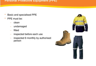 Personal Protective Equipment (PPE)
• Basic and specialised PPE
• PPE must be:
‑ clean
‑ undamaged
‑ fitted
‑ inspected before each use
‑ inspected 6 monthly by authorised
person
 