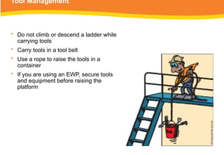 Tool Management
• Do not climb or descend a ladder while
carrying tools
• Carry tools in a tool belt
• Use a rope to raise the tools in a
container
• If you are using an EWP, secure tools
and equipment before raising the
platform
 