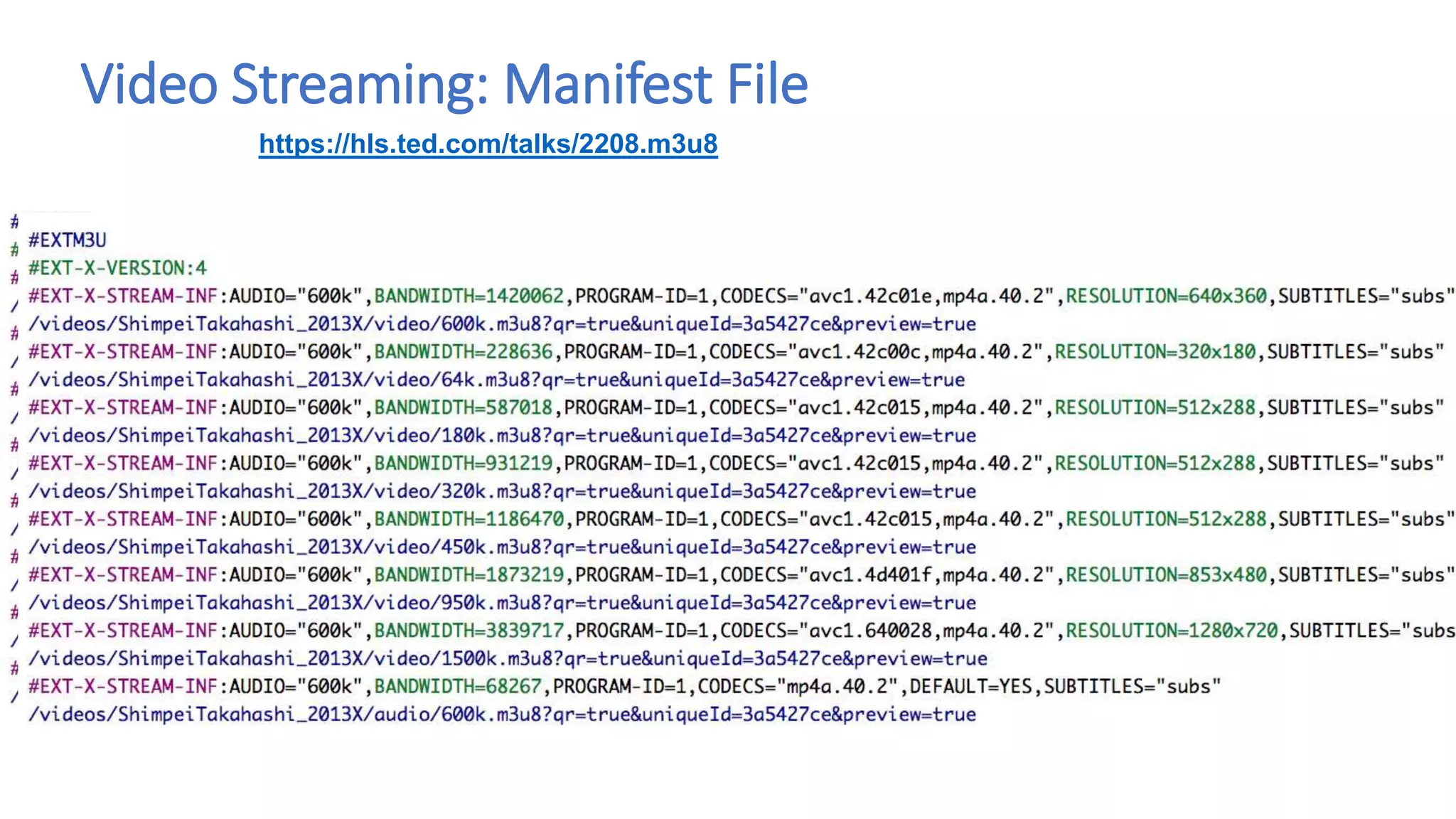 Video Streaming: Manifest File
https://hls.ted.com/talks/2208.m3u8
 