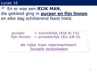 Lucas 16
19 En er was een RIJK MAN,
die gekleed ging in purper en fijn linnen
en elke dag schitterend feest hield.
21
 