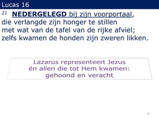 Lucas 16
21 NEDERGELEGD bij zijn voorportaal,
die verlangde zijn honger te stillen
met wat van de tafel van de rijke afviel;
zelfs kwamen de honden zijn zweren likken.
23
 