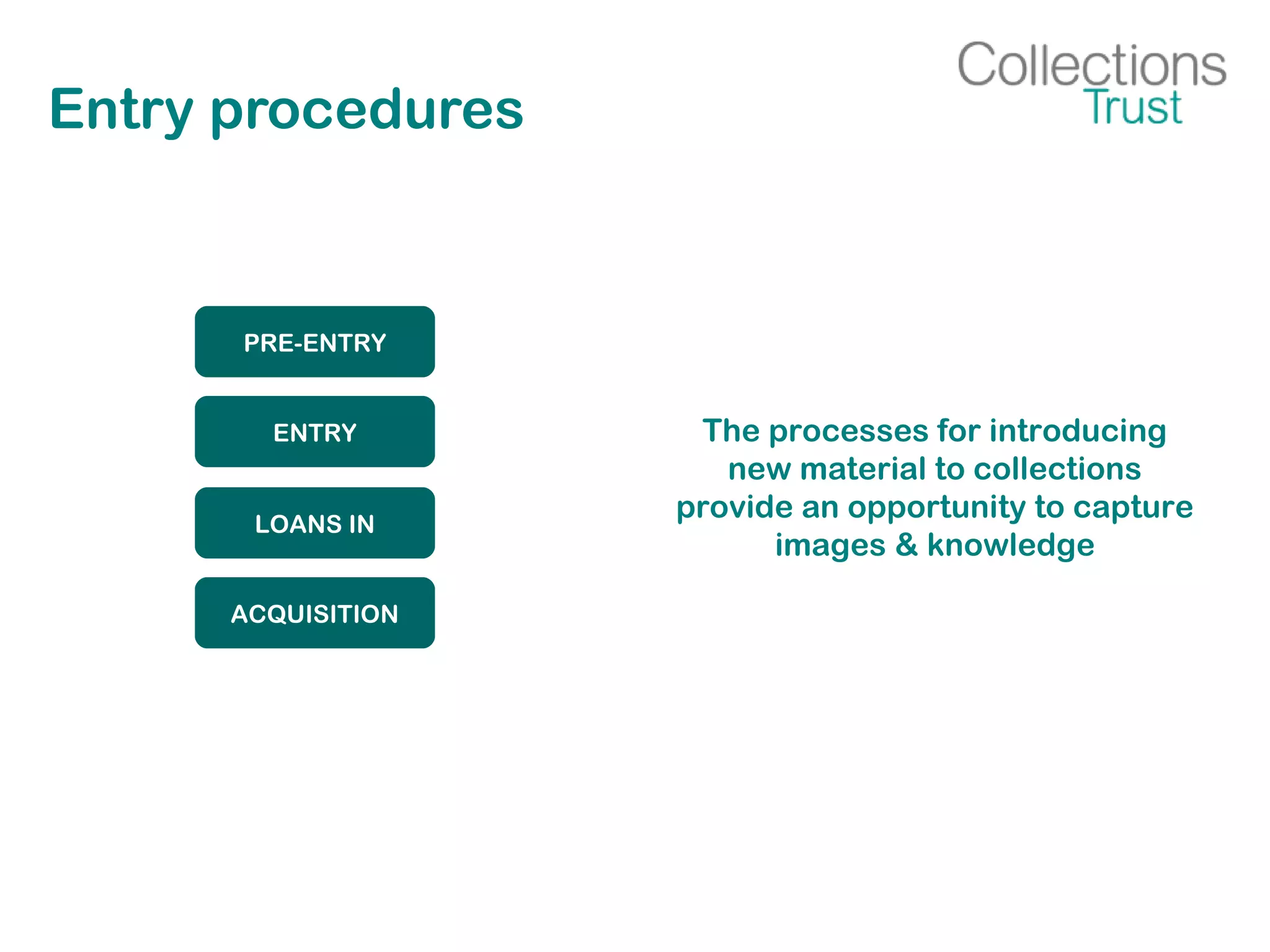 Entry procedures
PRE-ENTRY
ENTRY
LOANS IN
ACQUISITION
The processes for introducing
new material to collections
provide an opportunity to capture
images & knowledge
 