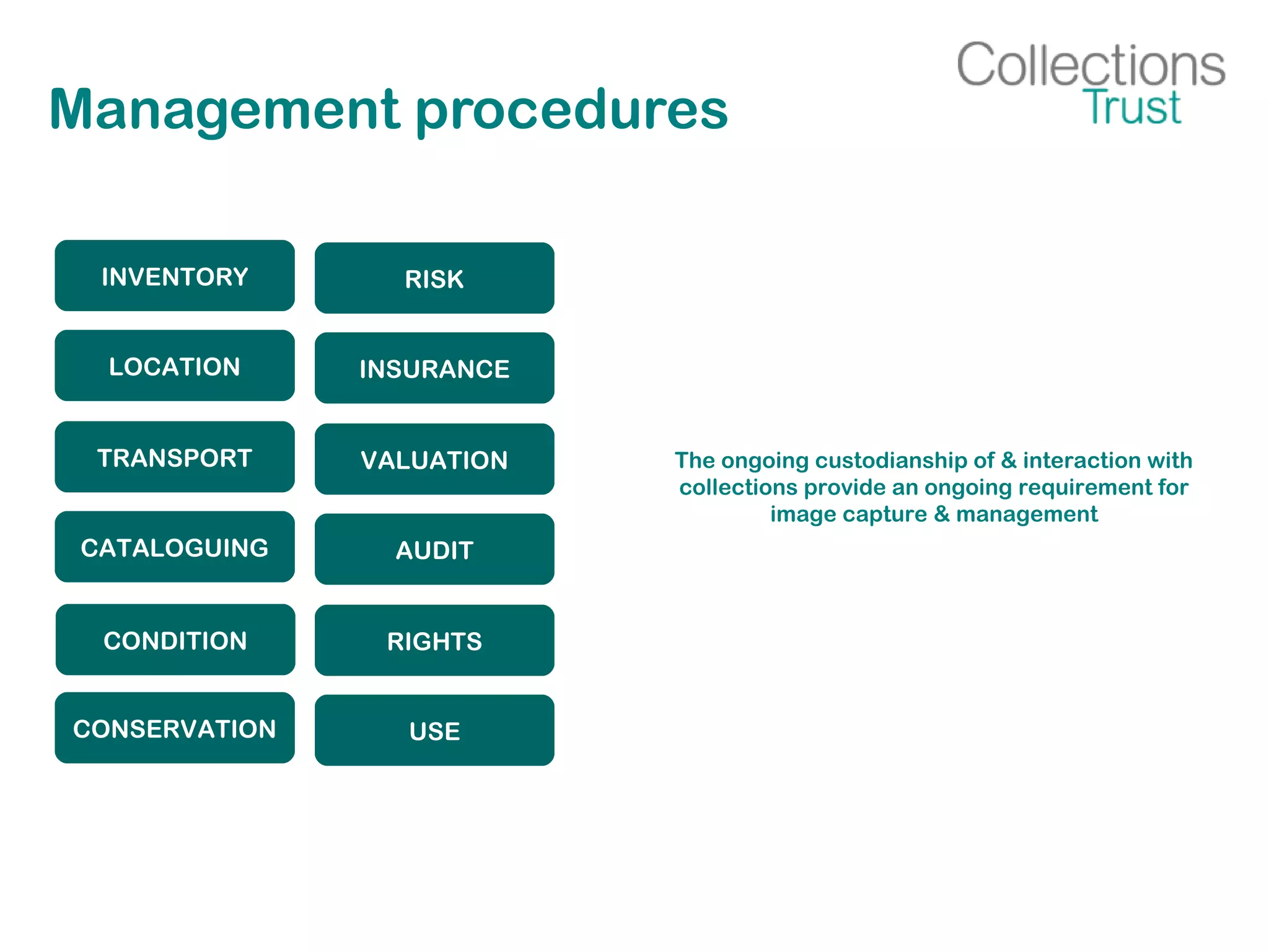 Management procedures
INVENTORY
LOCATION
TRANSPORT
CATALOGUING
The ongoing custodianship of & interaction with
collections provide an ongoing requirement for
image capture & management
CONDITION
CONSERVATION
RISK
INSURANCE
VALUATION
AUDIT
RIGHTS
USE
 