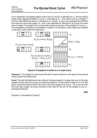 VURKWX$                                                                     lasoporP SEA
 QHPHD' QDR-                             rehpiC kcolB leadnjiR ehT
QHPML5 WQHFQL9

In our description, the activity pattern at the input of a round i is denoted by ai–1 and the activity
pattern after applying ShiftRow of round i is denoted by bi–1. The initial round is numbered 1
and the initial difference pattern is denoted by a0. Clearly, ai and bi are separated by ShiftRow
and have the same byte weight, bj–1 and aj are separated by MixColumn and have the same
column weight. The weight of an m-round trail is given by the sum of the weights of a0 to am–1 .
The propagation properties are illustrated in Figure 8. In this figure, active bytes are indicated
in dark grey, active columns in light grey.

                                                                              ai

                                         W C ( a i) ≥ m a x j W ( b i) |j
                                                                            W ( b i ) = W( a i )
     W C ( b i) ≥ m a x j W ( a i) | j

                                                                              bi

                                  For all active columns j :
                                                                            W C ( a i+1 ) = W C ( b i )
                                   W ( b i)| j + W ( a i+ 1 )| j ≥ 5


                                                                            a i+ 1

                           Figure 8: Propagation of patterns in a single round.

Theorem 1: The weight of a two-round trail with Q active columns at the input of the second
round is lower bounded by 5Q.

Proof: The fact that MixColumn has a Branch Number equal to 5 implies that sum of the byte
weights of each column in b0 and a1 is lower bounded by 5. If the column weight of a1 is Q, this
gives a lower bounded of 5 Q for the sum of the byte weights of b0 and a1 . As a0 and b0 have
the same byte weight, the lower bounded is also valid for the sum of the weights a0 and a1 ,
proving the theorem.
                                                                                                          QED
Theorem 1 is illustrated in Figure 9.




 HWD'  QRLVUHY WQHPXFR'                                                                          /
                                                                                                     HJD3
 