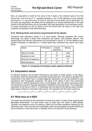 VURKWX$                                                                                ODVRSRU3 6($
 QHPHD' QDR-                    UHKSL NFRO% OHDGQML5 HK7
QHPML5 WQHFQL9

Now, an assumption is made for the value of the 4 bytes of the relevant bytes of the first
Round Key. From the set of 2 32 available plaintexts, a set of 256 plaintexts can be selected
that result in a Λ -set at the input of round 2. Now the 4-round attack can be performed. For
the given key assumption, the attack can be repeated for a several plaintext sets. If the byte
values of the last Round Key are not consistent, the initial assumption must have been wrong.
A correct assumption for the 32 bytes of the first Round Key will result in the swift and
consistent recuperation of the last Round Key.

8.4.5 Working factor and memory requirements for the attacks
Combining both extensions results in a 6 round attack. Although infeasible with current
technology, this attack is faster than exhaustive key search, and therefore relevant. The
working factor and memory requirements are summarised in Figure 12. For the different block
lengths of Rijndael no extensions to 7 rounds faster than exhaustive key search have been
found.
                Attack                           # Plaintexts        # Cipher              Memory
                                                                    executions
                                                         9                    9
                Basic (4 rounds)                     2                    2                 small
                                                         11                   40
                Extension at end                     2                    2                 small
                                                         32                   40                  32
                Extension at beginning               2                    2                  2
                                                         32                   72                  32
                Both Extensions                      2                    2                  2

                Figure 12: Complexity of the Square attack applied to Rijndael.


8.5 Interpolation attacks
In [JaKn97] Jakobsen and Knudsen introduced a new attack on block ciphers. In this attack,
the attacker constructs polynomials using cipher input/output pairs. This attack is feasible if the
components in the cipher have a compact algebraic expression and can be combined to give
expressions with manageable complexity. The basis of the attack is that if the constructed
polynomials (or rational expressions) have a small degree, only few cipher input/output pairs
are necessary to solve for the (key-dependent) coefficients of the polynomial. The complicated
                                 8
expression of the S-box in GF(2 ), in combination with the effect of the diffusion layer prohibits
these types of attack for more than a few rounds. The expression for the S-box is given by:
                     127        191        223           239        247            251        253           254
          63 + 8f x        + b5 x     + 01 x     + f4 x        + 25 x     + f9 x         + 09 x        + 05 x

8.6 Weak keys as in IDEA
The weak keys discussed in this subsection are keys that result in a block cipher mapping with
detectable weaknesses. The best known case of weak keys are those of IDEA [Da95].
Typically, this weakness occurs for ciphers in which the non-linear operations depends on the
actual key value. This is not the case for Rijndael, where keys are applied using the EXOR and
all non-linearity is in the fixed S-box. In Rijndael, there is no restriction on key selection.




99/90/30 :etaD ,2 noisrev tnemucoD                                                                                     /
                                                                                                                54 83 :egaP
 