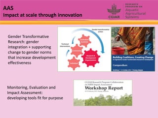 AAS
Impact at scale through innovation


  Gender Transformative
  Research: gender
  integration + supporting
  change to...