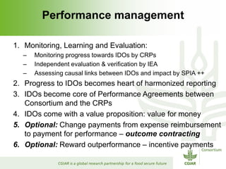 Performance management

1. Monitoring, Learning and Evaluation:
  –   Monitoring progress towards IDOs by CRPs
  –   Indep...