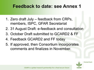 Feedback to date: see Annex 1

1. Zero draft July – feedback from CRPs,
   members, ISPC, GFAR Secretariat
2. 31 August Dr...