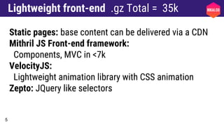 5
Lightweight front-end .gz Total = 35k
Static pages: base content can be delivered via a CDN
Mithril JS Front-end framework:
Components, MVC in <7k
VelocityJS:
Lightweight animation library with CSS animation
Zepto: JQuery like selectors
 