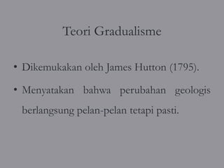 Teori Gradualisme

• Dikemukakan oleh James Hutton (1795).

• Menyatakan bahwa perubahan geologis
 berlangsung pelan-pelan tetapi pasti.
 