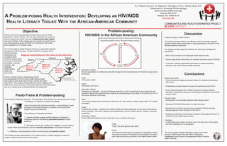 R.V. Rikard, M.A.S.S. Dr. Maxine S. Thompson, P.h.D. Rachel Head, M.S.
                                                                                                                                                                                                                               Department of Sociology & Anthropology
                                                                                                                                                                                                                                   North Carolina State University
                                                                                                                                                                                                                                         Campus Box 8107
A Problem-Posing HeAltH intervention: DeveloPing An Hiv/AiDs                                                                                                                                                                          Raleigh, NC 27695-8107
                                                                                                                                                                                                                                            chd.ncsu.edu

HeAltH literAcy toolkit WitH tHe AfricAn-AmericAn community
                         Objective                                                                                                                    Problem-posing:
African Americans compose approximately twenty percent of the                                                                           HIV/AIDS in the African American Community                                                                                          Discussion
population in North Carolina. Yet, the rate of reported HIV cases for                                                                                                                                                                           Problem-posing & Health Literacy:
African Americans in North Carolina is disproportionately higher
than that of Whites. Public health agencies identify low health literacy                                                                                     Generating Health Literacy Through Problem-posing                                  The problem-posing method is an effective means to develop culturally
and misconceptions about HIV/AIDS as contributors to the racial/                                                                                                                        Peer                                                    sensitive health literacy information to raise awareness of HIV/AIDS in the
ethnic disparity in HIV infection rates.                                                                                                                                              Educators                                                 African American community.

The Communities & Health Disparity Project is a partnership between                                                                                                                                                                             Our project provides support for tailored HIV prevention strategies for
the Alliance of AIDS Services - Carolina (AAS-C), members of the                                                                                                                                                                                populations:
African American                                                                                                                                             Academic                                        Focus
community, and         Regional Adult/Adolescent HIV Cases by Race/Ethnicity*                                                                                 Partners                                       Groups                             • With a high prevalence of inadequate health literacy levels
a research team
                                                            Piedmont          Eastern
at North Carolina State          Western                                                                                                                                                                                                        • Literacy appropriate interventions to increase awareness about HIV/AIDS
University to develop an
accessible, culturally                                                                                                                                                                                                                          • To provide culturally appropriate information to identify risk-taking
sensitive, and                                     Whites 14%                                                                                                                        Community
                              Whites 3%                                                                                                                                                                                                           behaviors and make informed health decisions
malleable                                          Blacks 43%                                                                                                                         Partners
                              Blacks <1%           Other 7%
health literacy               Other 0%                             Whites 6%
                                                                   Blacks 18%                                                      Generative Theme:
toolkit and
                                                                   Other 2%                                                        No one organization can effectively deal with raising the level of awareness of HIV/AIDS among African
intervention.
                                                                                                                                   Americans.                                                                                                                               Conclusions
Freire’s “problem-posing” methodology framed                                  Source: 2009 HIV/STD Surveillance Report
                                                                                                                                   Code:                                                                                                        Relationship Gains:
the development of the HIV/AIDS health literacy toolkit                       N.C. Division of Public Health

                                                                                                                                   “All hands on deck”
                                                                              N.C. Department of Health & Human Services


and a peer-to-peer teach back format to deliver the health                    *Percentages includes cases with Unassigned County                                                                                                                • Freire’s structured dialogue approach helped to initiate the partnership
intervention. The process of developing the toolkit (Fighting HIV/                                                                                                                                                                                with AAS-C.
                                                                                                                                   Praxis:
AIDS in the African American Community: Become a Peer Educator!)
                                                                                                                                   Partnership with AAS-C.                                                                                      • Professional courtesy helped to sustain the partnership with AAS-C.
was an on-going equal exchange between all participants.
                                                                                                                                   Generative Theme:
                                                                                                                                                                                                                                                • Active listening fostered the Freireian principle of equality between
                                                                                                                                   Pedagogy of Collegiality - structured dialogue approach in which all participants are co-learners was
                                                                                                                                                                                                                                                  members of the African American community and members of the NCSU
                                                                                                                                   central in initiating the partnership and creating an understanding of the reality of HIV/AIDS and STIs in
               Paulo Freire & Problem-posing                                                                                       the African American community.
                                                                                                                                                                                                                                                  research team.

                                                                                                                                                                                                                                                Process Gains:
Freire rejected “Banking” education - the assumption that students are nothing more than empty                                     Code:
                                                                                                                                                                                                                                                • Development of a culturally-sensitive health literacy toolkit.
                           “receptacles” for teachers to deposit knowledge.                                                        “You are the experts and we are here to learn from you. We need your ideas to help make “our” project
                                                                                                                                   a success.”
                                                                                                                                                                                                                                                • Tailoring of HIV/AIDS information to a high risk group.
                           Freire advocated that Liberating education involve dialogue, equal
                           exchange, and critical thought as a method to link literacy with                                        Praxis:
                                                                                                                                                                                                                                                • Development of critical consciousness using the Freireian learning-
                           broader social and political ills.                                                                      Professional courtesy - meeting at the Alliance office and being accessible at times that fit the Alliance
                                                                                                                                                                                                                                                  dialogue approach with members of the AAS-C.
                                                                                                                                   teams’ schedule. The NCSU research team established a role as “student learner” instead of “teacher-
                           Three Phases of Liberating education:                                                                   researcher.”
                                                                                                                                                                                                                                                • Empowering members of the African American community and AAS-C to
                                                                                                                                   Generative Theme:                                                                                              contribute to the health literacy toolkit.
                           1. Teacher-students engage student-teachers in dialogue to                                              Power differential between women and men to use a condom during sex.
                           collectively discover and develop generative themes of social                                                                                                                                                        Challenge:
                           problems.                                                                                                                                                                                                            • Limited resources (money and time) due to the large size of the project
                                                                                                                                                                             Code:                                                                and short timeframe for its completion.
                           2. Generative themes are codified into “codes” or visual, auditory,
    and/or tactile representations that are culturally appropriate to the student-teachers.
                                                                                                                                                                             “Hey! You are gonna use this!”

                                                                                                                                                                             Praxis:
    3. Reflection, conscientización (critical consciousness) and praxis or action!
                                                                                                                                                                             Discussions concerning the complexity of negotiating condom        The Communities & Health Disparities project was funded
                                                                                                                                                                             use and the inclusion of examples of how partners can talk to      through a SEED Grant from the Office of Extension,
The Problem-posing methodology is not problem-solving. Problem-posing is a means to
                                                                                                                                                                             each other about using condoms in the health literacy toolkit.     Engagement, and Economic Development at North Carolina
awaken critical consciousness to take action!
                                                                                                                                                                                                                                                State University.
 