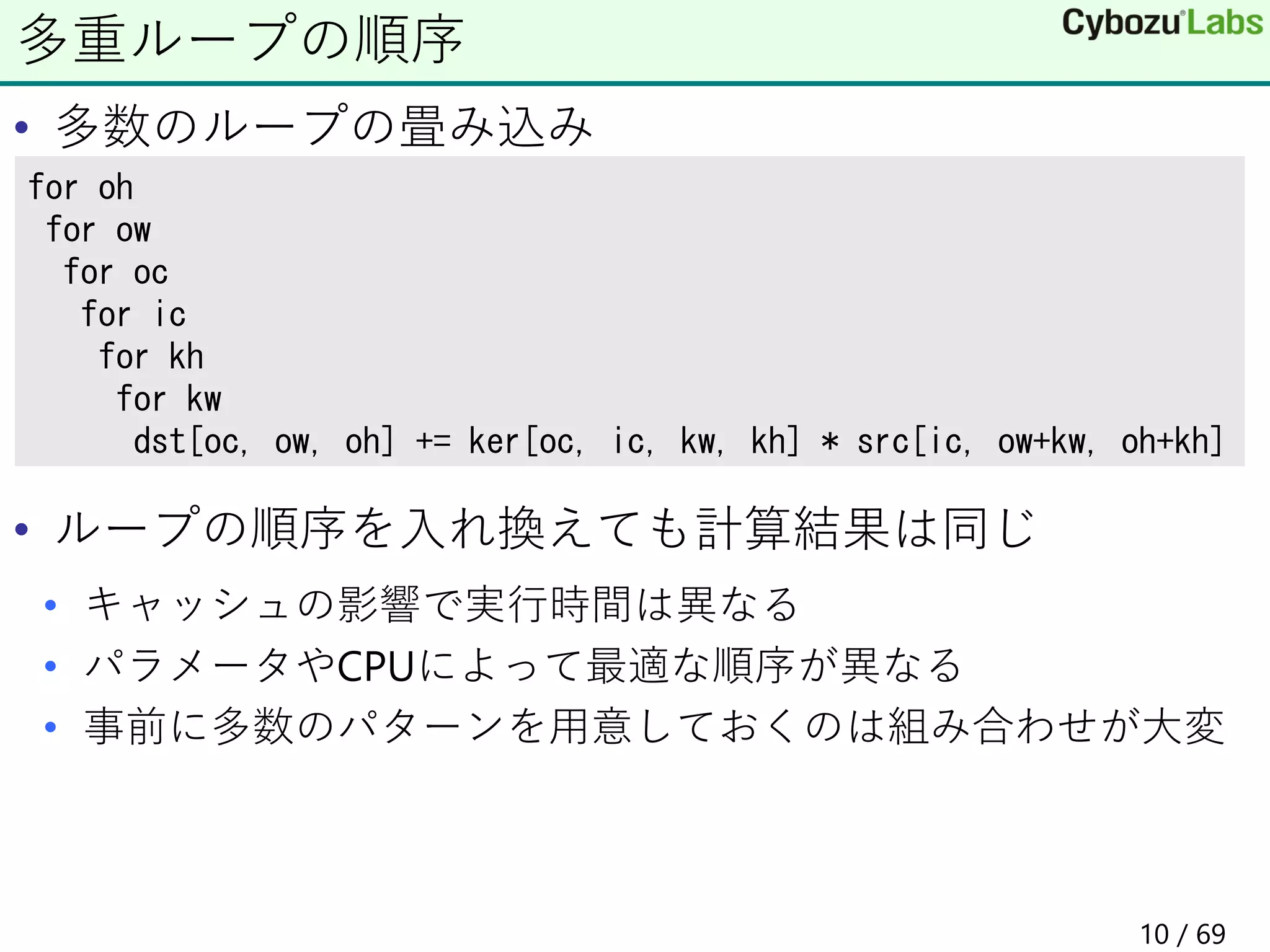• 多数のループの畳み込み
• ループの順序を入れ換えても計算結果は同じ
• キャッシュの影響で実行時間は異なる
• パラメータやCPUによって最適な順序が異なる
• 事前に多数のパターンを用意しておくのは組み合わせが大変
多重ループの順序
for oh
for ow
for oc
for ic
for kh
for kw
dst[oc, ow, oh] += ker[oc, ic, kw, kh] * src[ic, ow+kw, oh+kh]
10 / 69
 