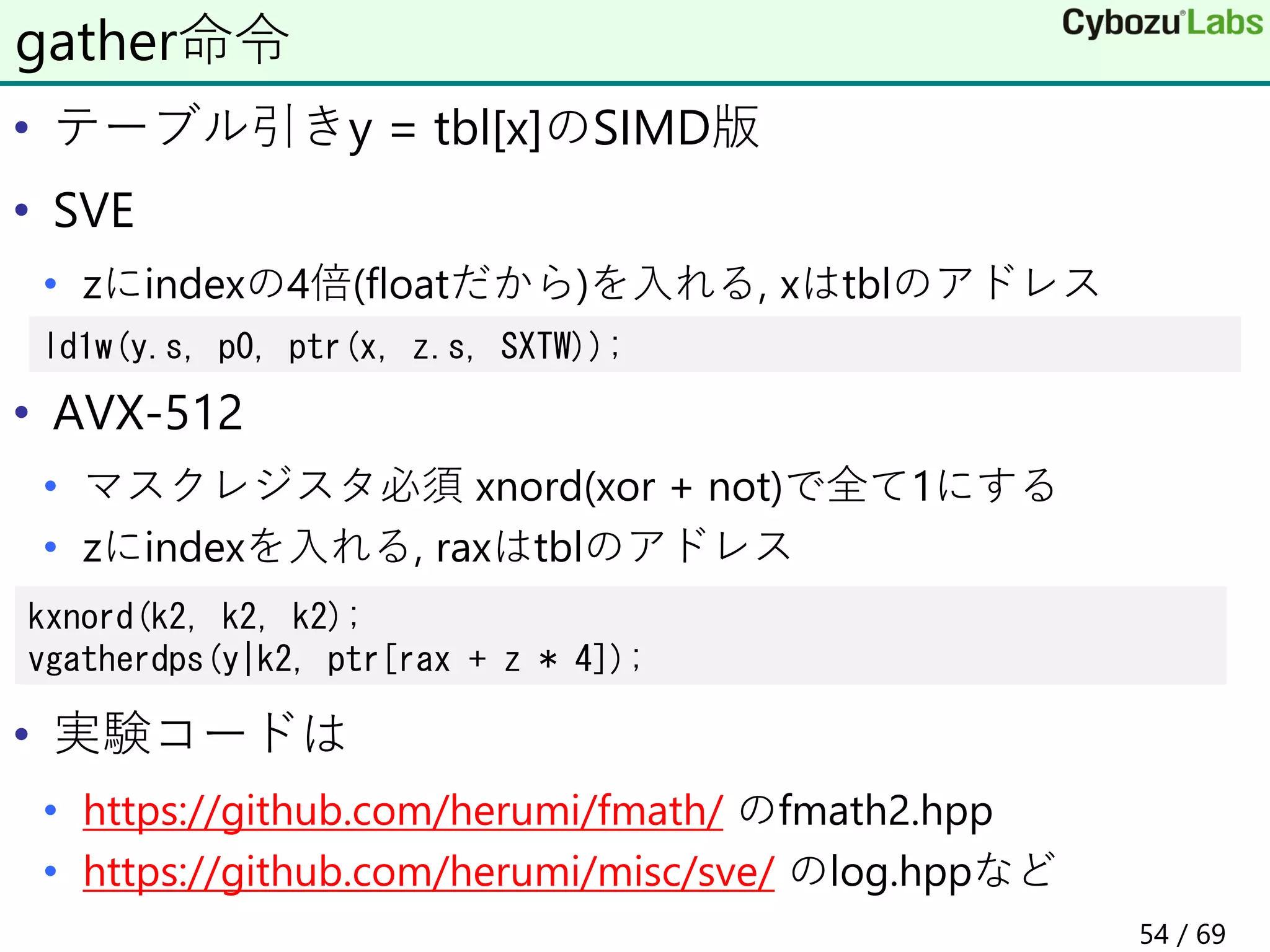 • テーブル引きy = tbl[x]のSIMD版
• SVE
• zにindexの4倍(floatだから)を入れる, xはtblのアドレス
• AVX-512
• マスクレジスタ必須 xnord(xor + not)で全て1にする
• zにindexを入れる, raxはtblのアドレス
• 実験コードは
• https://github.com/herumi/fmath/ のfmath2.hpp
• https://github.com/herumi/misc/sve/ のlog.hppなど
gather命令
ld1w(y.s, p0, ptr(x, z.s, SXTW));
kxnord(k2, k2, k2);
vgatherdps(y|k2, ptr[rax + z * 4]);
54 / 69
 