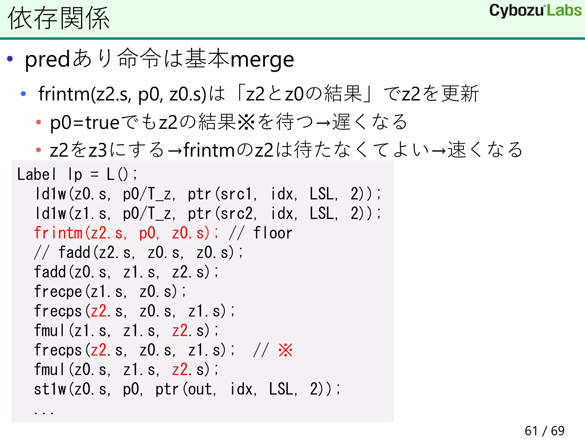 • predあり命令は基本merge
• frintm(z2.s, p0, z0.s)は「z2とz0の結果」でz2を更新
• p0=trueでもz2の結果※を待つ→遅くなる
• z2をz3にする→frintmのz2は待たなくてよい→速くなる
依存関係
Label lp = L();
ld1w(z0.s, p0/T_z, ptr(src1, idx, LSL, 2));
ld1w(z1.s, p0/T_z, ptr(src2, idx, LSL, 2));
frintm(z2.s, p0, z0.s); // floor
// fadd(z2.s, z0.s, z0.s);
fadd(z0.s, z1.s, z2.s);
frecpe(z1.s, z0.s);
frecps(z2.s, z0.s, z1.s);
fmul(z1.s, z1.s, z2.s);
frecps(z2.s, z0.s, z1.s); // ※
fmul(z0.s, z1.s, z2.s);
st1w(z0.s, p0, ptr(out, idx, LSL, 2));
...
61 / 69
 