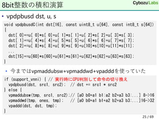 • vpdpbusd dst, u, s
• 今まではvpmaddubsw+vpmaddwd+vpadddを使っていた
8bit整数の積和演算
void vpdpbusdC(int dst[16], const uint8_t u[64], const int8_t s[64])
{
dst[ 0]+=u[ 0]*s[ 0]+u[ 1]*s[ 1]+u[ 2]*s[ 2]+u[ 3]*s[ 3];
dst[ 1]+=u[ 4]*s[ 4]+u[ 5]*s[ 5]+u[ 6]*s[ 6]+u[ 7]*s[ 7];
dst[ 2]+=u[ 8]*s[ 8]+u[ 9]*s[ 9]+u[10]*s[10]+u[11]*s[11];
...
dst[15]+=u[60]*s[60]+u[61]*s[61]+u[62]*s[62]+u[63]*s[63];
}
if (support_vnni) { // 実行時にCPU判別して命令の切り換え
vpdpbusd(dst, src1, src2); // dst += src1 * src2
} else {
vpmaddubsw(tmp, src1, src2);// [a0 b0+a1 b1:a2 b2+a3 b3:...] 8->16
vpmaddwd(tmp, ones, tmp); // [a0 b0+a1 b1+a2 b2+a3 b3:...]16->32
vpaddd(dst, dst, tmp);
}
25 / 69
 
