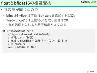 • 指数部が同じなので
• bfloat16→floatは下位16bit zeroを追加すればOK
• float→bfloat16は上位16bitを取り出せばOK
• 丸め処理を入れると若干精度がよくなる
floatとbfloat16の相互変換
bf16 float2bf16(float f) {
// ignore denormal and infinity
uint32_t u = f2u(f);
uint32_t rounding = 0x7fff + ((u >> 16) & 1);
u += rounding;
return bf16(u >> 16);
}
27 / 69
 