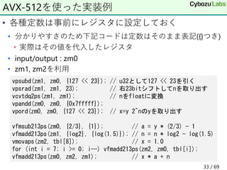 • 各種定数は事前にレジスタに設定しておく
• 分かりやすさのため下記コードは定数はそのまま表記({}つき)
• 実際はその値を代入したレジスタ
• input/output : zm0
• zm1, zm2を利用
AVX-512を使った実装例
vpsubd(zm1, zm0, {127 << 23}); // u32として127 << 23を引く
vpsrad(zm1, zm1, 23); // 右23bitシフトしてnを取り出す
vcvtdq2ps(zm1, zm1); // nをfloatに変換
vpandd(zm0, zm0, {0x7fffff});
vpord(zm0, zm0, {127 << 23}); // x=y 2^nのyを取り出す
vfmsub213ps(zm0, {2/3}, {1}); // a = y * (2/3) - 1
vfmadd213ps(zm1, {log2}, {log(1.5)}); // n = n * log2 - log(1.5)
vmovaps(zm2, tbl[8]); // x = 1.0
for (int i = 7; i >= 0; i--) vfmadd213ps(zm2, zm0, tbl[i]);
vfmadd213ps(zm0, zm2, zm1); // x * a + n
33 / 69
 