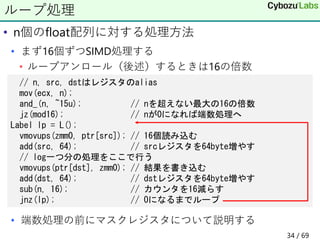 • n個のfloat配列に対する処理方法
• まず16個ずつSIMD処理する
• ループアンロール（後述）するときは16の倍数
• 端数処理の前にマスクレジスタについて説明する
ループ処理
// n, src, dstはレジスタのalias
mov(ecx, n);
and_(n, ~15u); // nを超えない最大の16の倍数
jz(mod16); // nが0になれば端数処理へ
Label lp = L();
vmovups(zmm0, ptr[src]); // 16個読み込む
add(src, 64); // srcレジスタを64byte増やす
// log一つ分の処理をここで行う
vmovups(ptr[dst], zmm0); // 結果を書き込む
add(dst, 64); // dstレジスタを64byte増やす
sub(n, 16); // カウンタを16減らす
jnz(lp); // 0になるまでループ
34 / 69
 