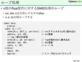 • n個のfloat配列に対するSIMD処理のループ
• src, dst, nは汎用レジスタのalias
• 𝑛 ≥ 16の間ループする
ループ処理
Label skip;
b(skip);
Label lp = L();
ld1w(z0.s, p0/T_z, ptr(src)); // srcアドレスからz0に読み込む
add(src, src, 64); // src更新
// log 1個分の処理
st1w(z0.s, p0, ptr(dst)); // logの値をdstに書き込む
add(dst, dst, 64); // dst更新
sub(n, n, 16); // n -= 16
L(skip);
cmp(n, 16);
bge(lp); // n >= 16ならlpへジャンプ
48 / 69
 