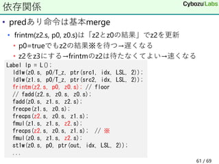 • predあり命令は基本merge
• frintm(z2.s, p0, z0.s)は「z2とz0の結果」でz2を更新
• p0=trueでもz2の結果※を待つ→遅くなる
• z2をz3にする→frintmのz2は待たなくてよい→速くなる
依存関係
Label lp = L();
ld1w(z0.s, p0/T_z, ptr(src1, idx, LSL, 2));
ld1w(z1.s, p0/T_z, ptr(src2, idx, LSL, 2));
frintm(z2.s, p0, z0.s); // floor
// fadd(z2.s, z0.s, z0.s);
fadd(z0.s, z1.s, z2.s);
frecpe(z1.s, z0.s);
frecps(z2.s, z0.s, z1.s);
fmul(z1.s, z1.s, z2.s);
frecps(z2.s, z0.s, z1.s); // ※
fmul(z0.s, z1.s, z2.s);
st1w(z0.s, p0, ptr(out, idx, LSL, 2));
...
61 / 69
 