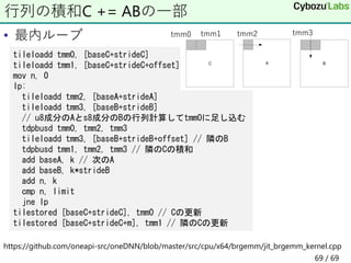 • 最内ループ
https://github.com/oneapi-src/oneDNN/blob/master/src/cpu/x64/brgemm/jit_brgemm_kernel.cpp
行列の積和C += ABの一部
tileloadd tmm0, [baseC+strideC]
tileloadd tmm1, [baseC+strideC+offset]
mov n, 0
lp:
tileloadd tmm2, [baseA+strideA]
tileloadd tmm3, [baseB+strideB]
// u8成分のAとs8成分のBの行列計算してtmm0に足し込む
tdpbusd tmm0, tmm2, tmm3
tileloadd tmm3, [baseB+strideB+offset] // 隣のB
tdpbusd tmm1, tmm2, tmm3 // 隣のCの積和
add baseA, k // 次のA
add baseB, k*strideB
add n, k
cmp n, limit
jne lp
tilestored [baseC+strideC], tmm0 // Cの更新
tilestored [baseC+strideC+m], tmm1 // 隣のCの更新
tmm0 tmm1 tmm2 tmm3
69 / 69
 