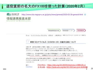 退役直前の名大のFX100を使った計算（2020年2月）
2022/6/14 20
http://www.icts.nagoya-u.ac.jp/ja/sc/news/general/2020-03-30-general.html
ChemRxiv - https://doi.org/10.26434/chemrxiv.11988120.v1
正式出版 - https://pubs.acs.org/doi/10.1021/acs.jcim.0c00283
 