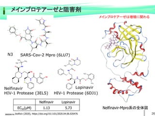メインプロテアーゼと阻害剤
Nelfinavir
HIV-1 Protease (3EL5) HIV-1 Protease (6DJ1)
Lopinavir
N3 SARS-Cov-2 Mpro (6LU7)
Nelfinavir Lopinavir
EC50(μM) 1.13 5.73
bioRxiv (2020), https://doi.org/10.1101/2020.04.06.026476
Nelfinavir-Mpro系の全体図
26
メインプロテアーゼは増殖に関わる
2022/6/14
 
