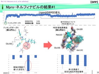 RMSD平均 3.55
RMSD分散 0.11
MD計算結果構造
(揺らぎあり)
多くの残基で
安定な相互作用を獲得
単独の残基で
偏った安定化
LigandのRMSD変化
後半の60nsについて
FMO計算を行った
ドッキングポーズ4
ドッキングポーズ4
(揺らぎなし) Gln189
Met165
Glu166
Asn142
Glu166
Mpro-ネルフィナビルの結果#1
30
【OFP】
Ref.; K. Fukuzawa et al., to be submitted.
2022/6/14
 