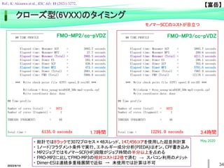 クローズ型(6VXX)のタイミング
=====================
## TIME PROFILE
=====================
Elapsed time: Monomer SCF = 3885.7 seconds
Elapsed time: Monomer MP3 = 280.6 seconds
Elapsed time: Monomer (Total) = 4211.3 seconds
Elapsed time: Dimer ES = 296.1 seconds
Elapsed time: Dimer SCF = 763.6 seconds
Elapsed time: Dimer MP3 = 5701.6 seconds
Elapsed time: Dimer (Total) = 7907.9 seconds
Elapsed time: FMO (Total) = 12119.1 seconds
*** Write check point file (CPF) open1.0 rev10) ***
WriteGeom = 6vxx_nonag-min0430_50k-mp3-ccpvdz.cpf
Write coordinate data: done
## Time profile
Number of cores (total) = 3072
Number of cores (fragment) = 1
THREADS (FRAGMENT) = 48
Total time = 12291.0 seconds
=====================
## TIME PROFILE
=====================
Elapsed time: Monomer SCF = 3892.7 seconds
Elapsed time: Monomer MP2 = 27.7 seconds
Elapsed time: Monomer (Total) = 3965.3 seconds
Elapsed time: Dimer ES = 282.4 seconds
Elapsed time: Dimer SCF = 838.0 seconds
Elapsed time: Dimer MP2 = 473.1 seconds
Elapsed time: Dimer (Total) = 2001.4 seconds
Elapsed time: FMO (Total) = 5966.6 seconds
*** Write check point file (CPF) open1.0 rev10) ***
WriteGeom = 6vxx_nonag-min0430_50k-mp2-ccpvdz.cpf
Write coordinate data: done
## Time profile
Number of cores (total) = 3072
Number of cores (fragment) = 1
THREADS (FRAGMENT) = 48
Total time = 6135.0 seconds
FMO-MP2/cc-pVDZ FMO-MP3/cc-pVDZ
・ 総計では8ラックで3072プロセス×48スレッド、147,456コアを使用した超並列計算
・ 1ノード/フラグメント条件で実行、エネルギー成分分析(PIEDA)はオン、CPF書き込み
・ MP2ジョブではモノマーSCF(HF)段階がジョブ時間の半分以上を占める
・ FMO-MP2に比してFMO-MP3の相対コストは2倍で済む → スパコン利用のメリット
・ Dimer-ESは連続多重極展開で近似 → 未使用では計算は不可
3.4時間
1.7時間
34
May 2020
【富岳】
2022/6/14
モノマーSCCのコストが目立つ
Ref.; K. Akisawa et al., RSC Adv. 11 (2021) 3272,
 