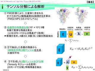 43
2022/6/14
【富岳】
Ref.; K. Okuwaki et al., Appl. Phys. Express 15 (2022) 017001.
① FMO計算により、三量体に含まれる
すべてのアミノ酸残基間の2体間IFIEを算出
（FMO2-MP2.5/6-31G*レベル)
② 各鎖間の特異値分解(103 ×103) 3種
各鎖で重要な残基を算出
(上位10モードから10残基ずつ取得)
➡重複を含め、A鎖:63, B鎖:56, C鎖59残基抽出
③ ②で抽出した各鎖の残基から
3体相互作用(3階テンソル)を生成
※幾何平均
④ ③で生成した3階テンソルをCP分解
(Tensorly モジュールを使用）
(20モードで分解) 特徴残基を抽出
テンソル分解による解析
 