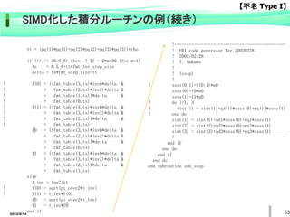 53
SIMD化した積分ルーチンの例（続き）
tt = (pq(1)*pq(1)+pq(2)*pq(2)+pq(3)*pq(3))*rho
if (tt <= 38.0_8) then ! Tf = 2*m+36 (for m=1)
ts = 0.5_8+tt*fmt_inv_step_size
delta = ts*fmt_step_size-tt
! f(0) = ((fmt_table(3,ts)*inv6*delta &
! + fmt_table(2,ts)*inv2)*delta &
! + fmt_table(1,ts))*delta &
! + fmt_table(0,ts)
! f(1) = ((fmt_table(4,ts)*inv6*delta &
! + fmt_table(3,ts)*inv2)*delta &
! + fmt_table(2,ts))*delta &
! + fmt_table(1,ts)
f0 = ((fmt_table(3,ts)*inv6*delta &
+ fmt_table(2,ts)*inv2)*delta &
+ fmt_table(1,ts))*delta &
+ fmt_table(0,ts)
f1 = ((fmt_table(4,ts)*inv6*delta &
+ fmt_table(3,ts)*inv2)*delta &
+ fmt_table(2,ts))*delta &
+ fmt_table(1,ts)
else
t_inv = inv2/tt
! f(0) = sqrt(pi_over2*t_inv)
! f(1) = t_inv*f(0)
f0 = sqrt(pi_over2*t_inv)
f1 = t_inv*f0
end if
!----------------------------------------------
! ERI code generator Ver.20020228
! 2002/02/28
! T. Nakano
!
! (sssp)
!
! ssss(0:1)=f(0:1)*a0
ssss(0)=f0*a0
ssss(1)=f1*a0
! do l=1, 3
! sint(l) = sint(l)+qd(l)*ssss(0)+wq(l)*ssss(1)
! end do
sint(1) = sint(1)+qd1*ssss(0)+wq1*ssss(1)
sint(2) = sint(2)+qd2*ssss(0)+wq2*ssss(1)
sint(3) = sint(3)+qd3*ssss(0)+wq3*ssss(1)
!----------------------------------------------
end if
end do
end if
end do
end subroutine sub_sssp
【不老 Type I】
2022/6/14
 