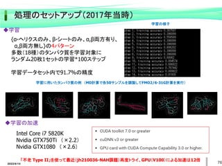 76
◆学習
{α-ヘリクスのみ、β-シートのみ、α,β両方有り、
α,β両方無し}の4パターン
多数（18種）のタンパク質を学習対象に
ランダム20枚1セットの学習*100ステップ
学習データセット内で91.7%の精度
◆学習の加速
学習の様子
学習に用いたタンパク質の例 （MD計算で各50サンプルを調製してFMO2/6-31G計算を実行）
2022/6/14
Intel Core i7 5820K
Nvidia GTX750Ti （×2.2）
Nvidia GTX1080 （×2.6）
「不老 Type II」を使って最近（jh210036-NAH課題）再度トライ、GPU（V100）による加速は12倍
処理のセットアップ（2017年当時）
 